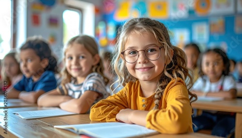 Smiling young girl with glasses sitting in classroom.