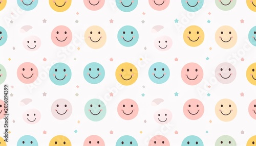 Small pastel smiling circles grid seamless pattern.