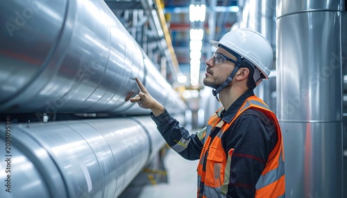 Focused Industrial Worker Inspecting Large Metal Pipes in Modern Factory Corridor