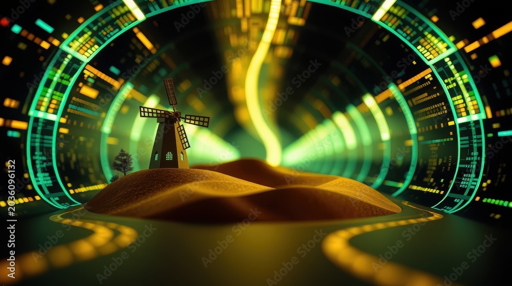 Obraz premium Futuristic scene. Windmill atop hill. Bright lights form tunnel. Digital elements surround landscape. Dramatic lighting creates depth.