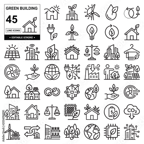 Green Building Icons Line Art Vector Pack | Sustainable Eco Architecture Black and White Icon Set
