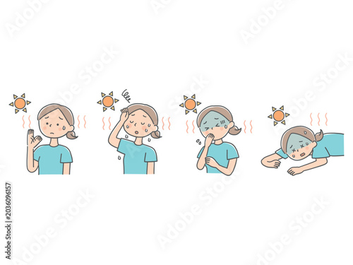 若い女性の熱中症の症状悪化イラストセット