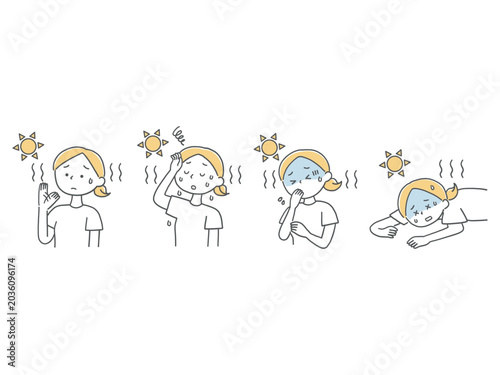 若い女性の熱中症の症状悪化イラストセット単色