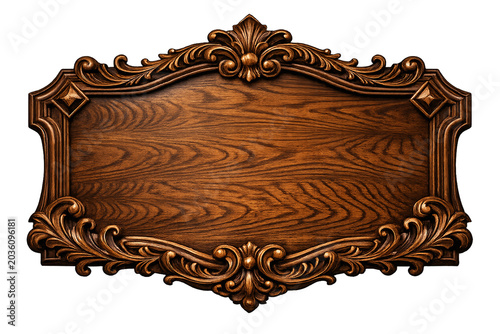 Elegant Ornate Carved Wood Plaque with Vintage Baroque Frame, Dark Timber Board for Signs and Game UI, Isolated on White Background 3D Digital Art Illustration