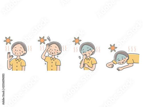 シニア女性の熱中症の症状悪化イラストセット