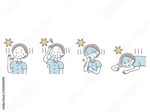 シニア女性の熱中症の症状悪化イラストセット単色