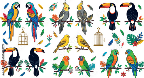 Foto Colorful Tropical Bird Icon Set with Parrots, Toucans, and Cockatiels on Branche