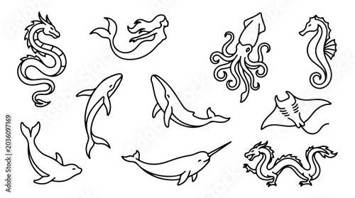 Canvastavla Mythical sea creatures line art collection, hand drawn aquatic animals and monst