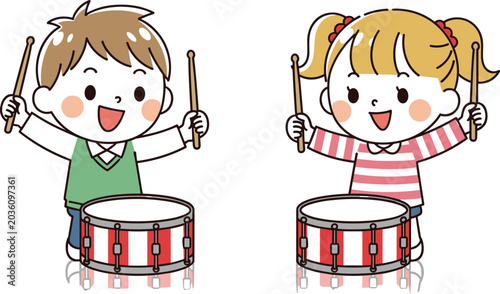 Photos Cute children playing drums vector illustration featuring happy cartoon boy and
