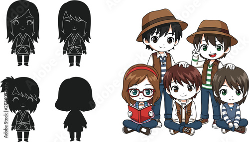 Cute anime children character collection vector illustration featuring adorable manga kids silhouettes and playful friendship cartoon design