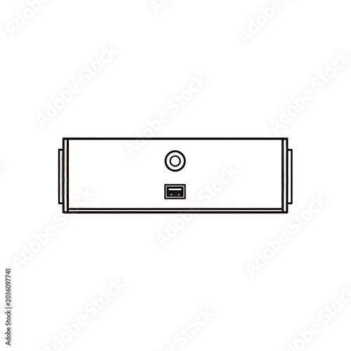Isolated outline of a small electronic device or junction box with a circular button and a rectangular slot on its front panel, simple line art