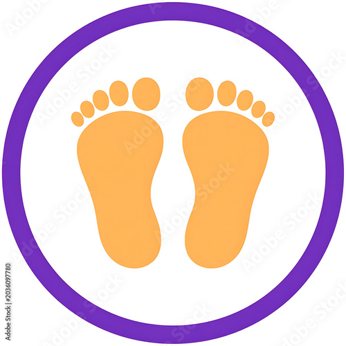 Isolated pair of orange footprint icons inside a purple circle on a white background, representing steps or travel