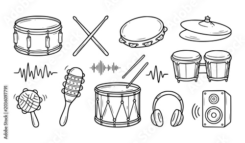 Schilderij op canvas Hand Drawn Drum and Percussion Instrument Doodle Icons with Tambourine Cymbals a