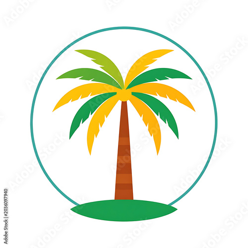 Isolated palm tree icon with green and yellow fronds inside a turquoise circle, representing tropical vacation and summer