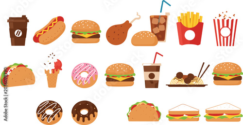 Fast food and snack collection vector illustration featuring burgers tacos donuts fries coffee and takeaway drinks