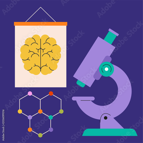 Photography Microscope, brain diagram and chemical molecule structure