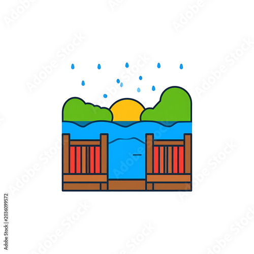 Isolated pixel art seaside scene with a pier at sunrise, featuring rolling green hills and a calm blue ocean, evoking a peaceful morning atmosphere
