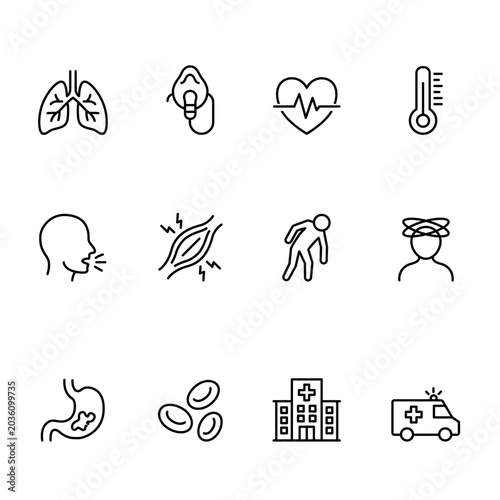 Hantavirus Symptoms and Medical Care Icon Set 12 clinical icons showing symptoms of Hantavirus Pulmonary Syndrome
(HPS) and medical emergency responses.
