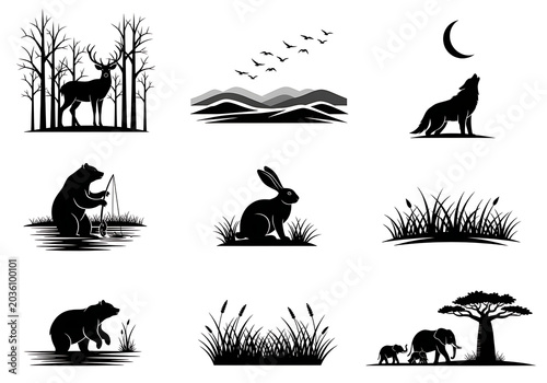 Black Silhouette Animals Forest Landscape