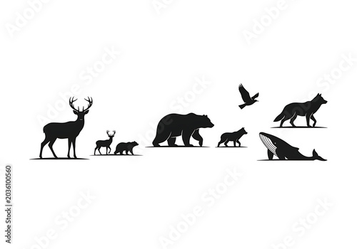 Black Silhouettes of Forest and Ocean Animals on White Background