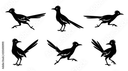 Konstfotografi different black roadrunner bird silhouettes on a clean white background, minimalist vector style