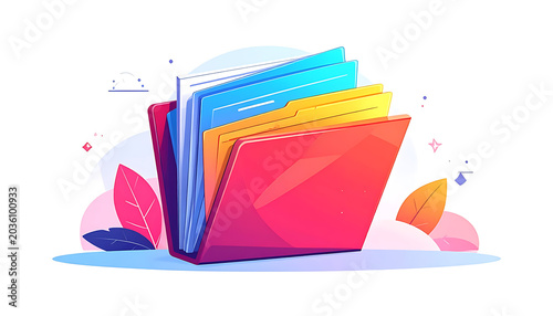 Open file folder with colorful documents, organized data, and abstract decorative elements, digital illustration for organization and record keeping concepts