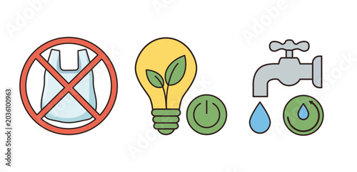 Fotografie Eco icons showing plastic reduction, energy saving, water conservation, recycling, and sustainable lifestyle concepts on a white background