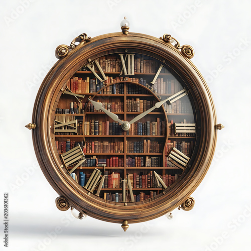 Ornate vintage clock face with a library interior, roman numerals, intricate brass details, concept of time and knowledge, antique aesthetic