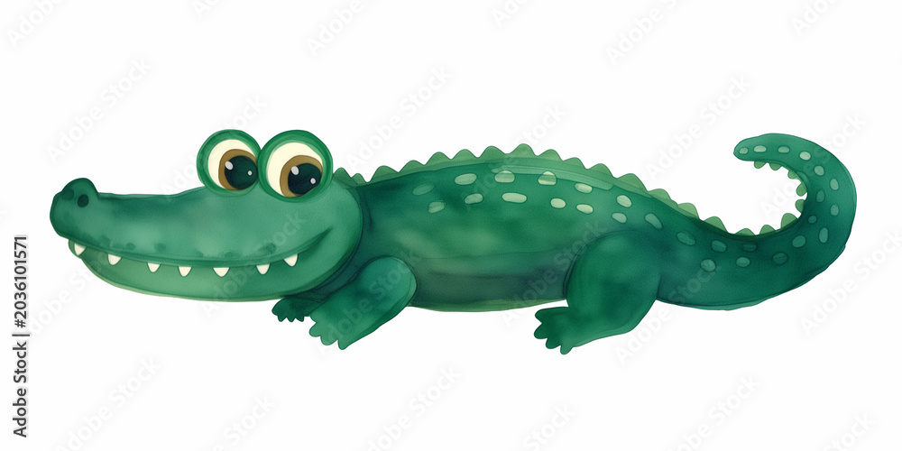 Obraz premium Watercolor illustration of cute smiling green crocodile full body side view isolated on white background, lovely alligator character design.
