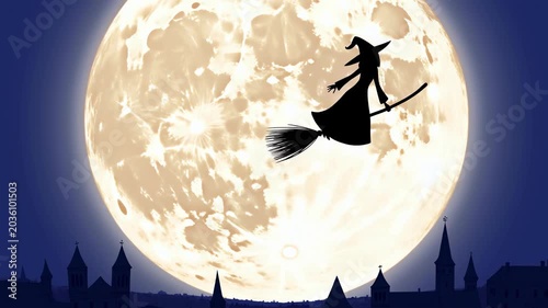 Ethereal Witch With Pointed Hat Drifts Across Medieval Skyline Beneath Glowing Lunar Surface