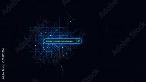 Futuristic digital interface with a glowing search bar and abstract network lines on a dark background