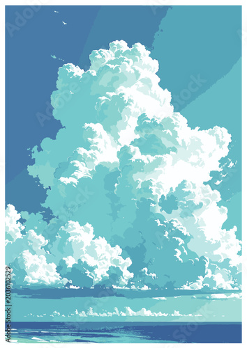 巨大な入道雲が広がる真夏の青空と水平線4.ai
