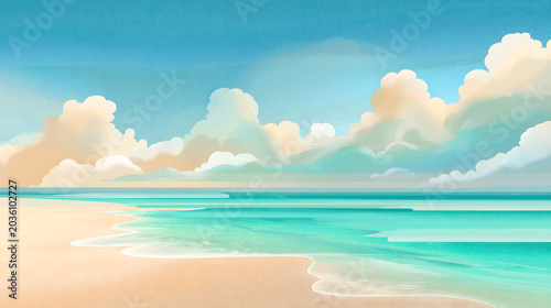 Dreamy Summer Beach Illustration With Turquoise Ocean, Sandy Shore and Fluffy Clouds