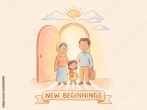 Happy family standing in front of open door new beginnings concept with positive