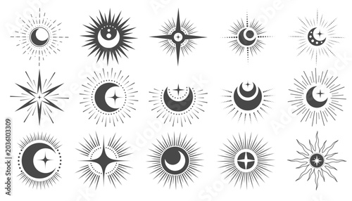 Celestial sun and moon icon set with boho line art elements. Minimalist vector symbols with stars, rays and mystical zodiac designs for spiritual projects.
