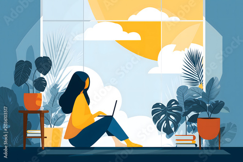 Summer Work From Home Illustration of Woman Sitting With Laptop by Large Window Surrounded by Tropical Plants