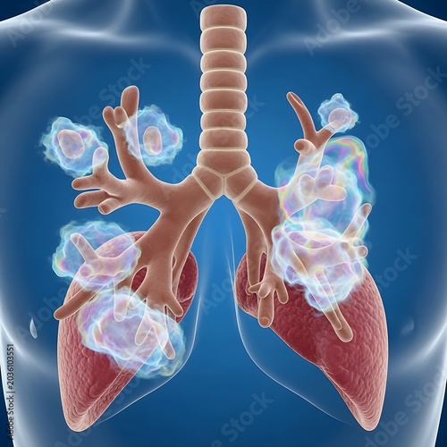  human bronchial tubes showing Hypersensitivity Pneumonitis, with iridescent inflammatory clouds reacting to allergens, fluid dynamics of immune response, detailed, blue background