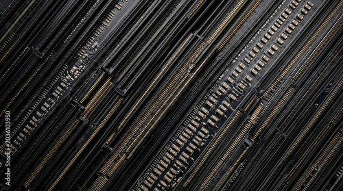 Top-down commercial flatlay of server DIMM memory slots forming a dense rhythmic pattern. Thousands of gold-plated leaf contacts shimmer alongside identical ceramic SMD capacitors on the PCB.