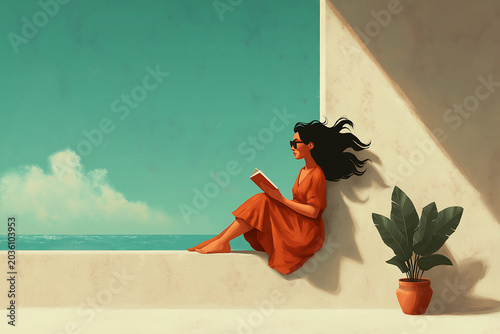 Elegant Summer Illustration of Woman in Orange Dress Reading Book on Balcony With Ocean View and Tropical Plant
