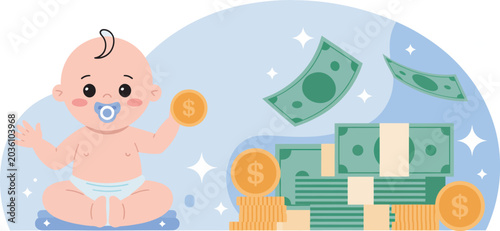 Slika na platnu Cute baby with gold coins and cash for savings fund and financial planning illustration, vector design for child investment, future savings and family budgeting concepts