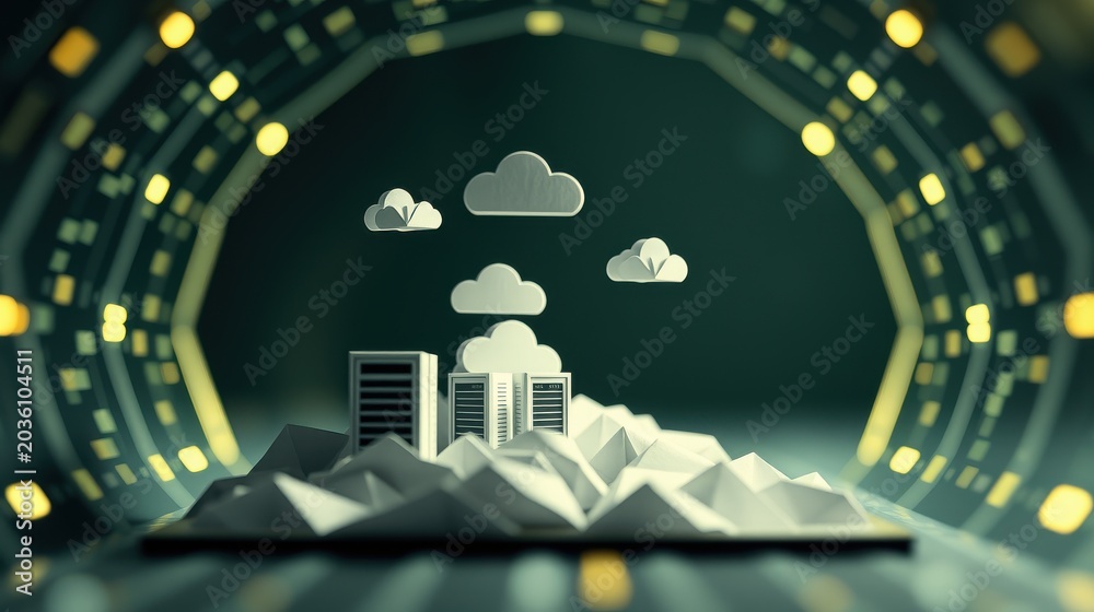 Obraz premium Papercraft cityscape within tunnel. Mountains support buildings, clouds above. Lights create circular framing effect. Minimalist design.
