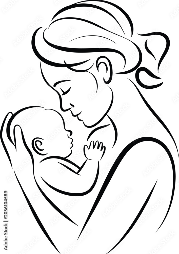 Obraz premium Minimalist continuous line drawing of a mother cradling her baby with minimalist. Vector illustration