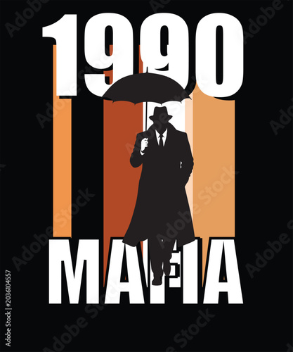 1990 Mafia T-Shirt Design with Mysterious Man Silhouette Holding Umbrella on Retro Striped Background