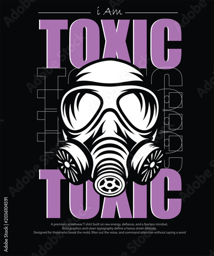 Toxic T-Shirt Design with Gas Mask Illustration and Bold Typography on Black Background