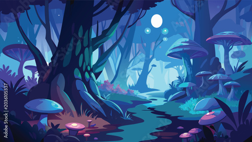 Foto Mystical forest scene with glowing mushrooms and trees a vibrant vector illustra