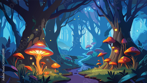 Bild auf Leinwand Enchanted forest scene with glowing mushrooms and stylized trees in a digital ve