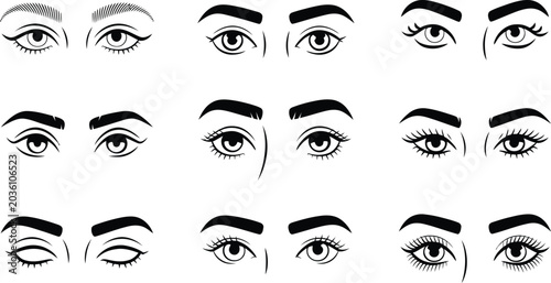 Set of diverse female eyes illustrations in black and white with expression. Vector illustration