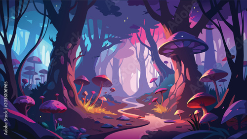 Bild auf Leinwand Mystical forest scene with glowing mushrooms and winding path a vibrant vector i