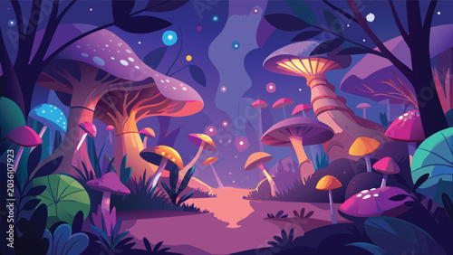 Fotografía Magical mushroom forest a vibrant vector illustration with glowing fungi and a d