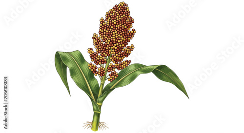 Bild auf Leinwand Sorghum Plant Illustration With Detailed Seed Head And Green Leaves